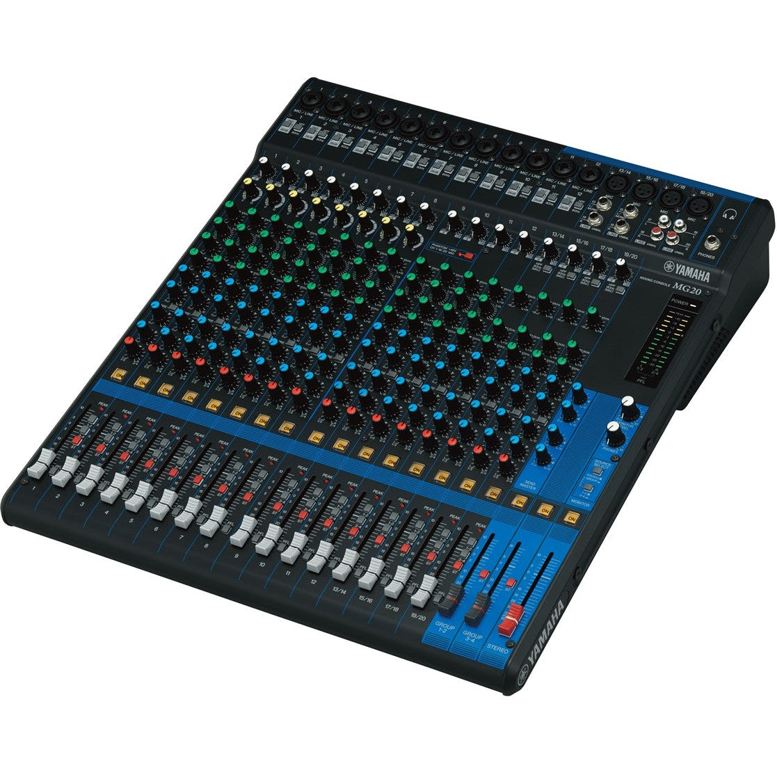 Yamaha MG20 analog mixer with multiple input channels and control knobs, used for audio mixing and sound engineering.