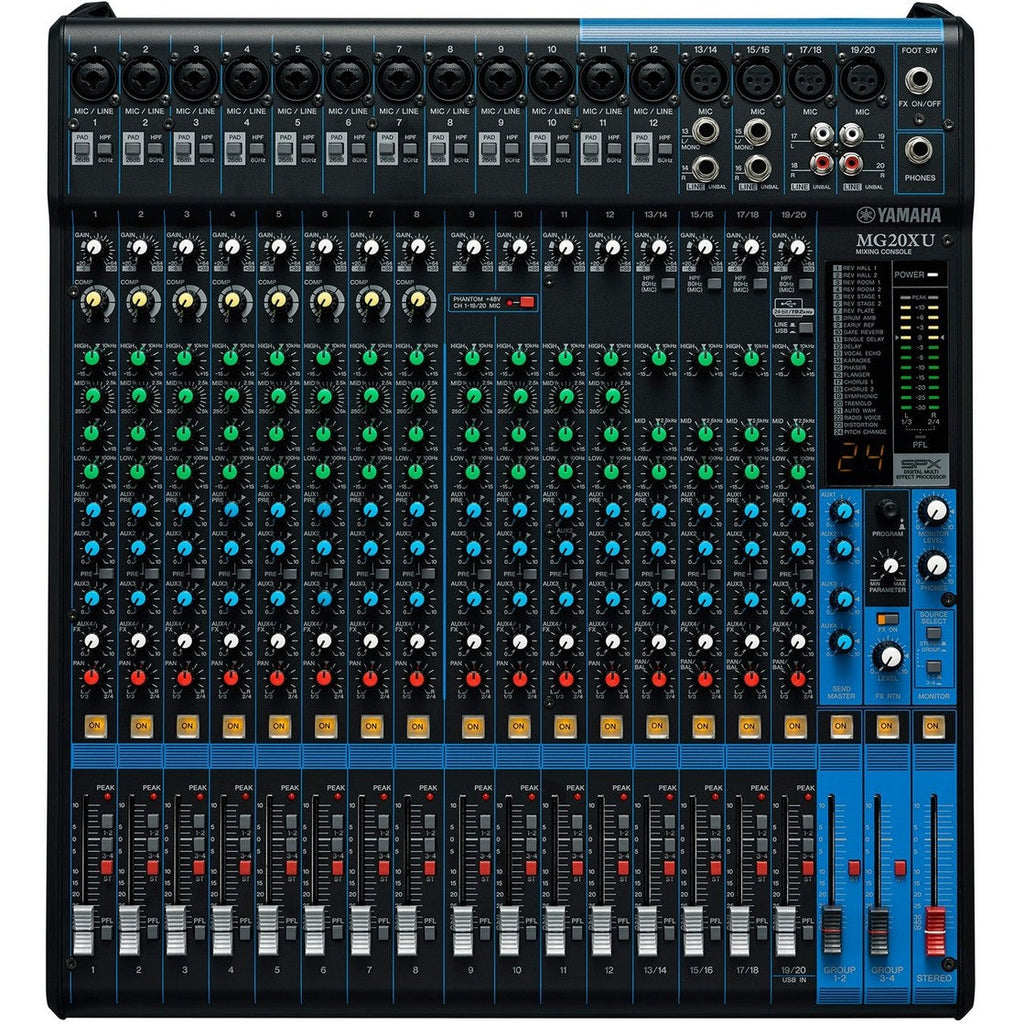 Yamaha MG20XU analog mixer with multiple input channels, knobs, and sliders for audio control.