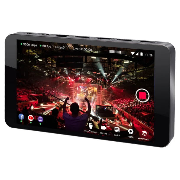 YoloLiv YoloBox Pro video monitor showing a large touchscreen display with multiple control options and live streaming features.
