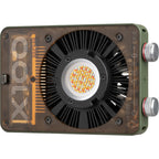 Zhiyun Molus X100 RGB LED light showing vibrant color options and adjustable brightness for professional lighting setups.