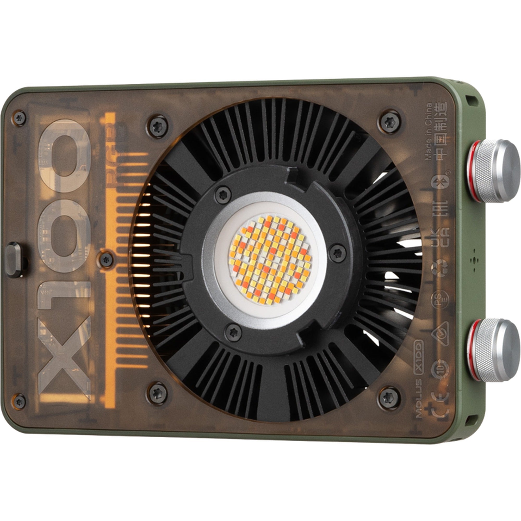 Zhiyun Molus X100 RGB LED light showing vibrant color options and adjustable brightness for professional lighting setups.