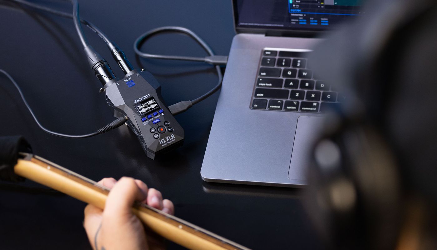 Zoom H1 XLR field recorder, close-up detail.