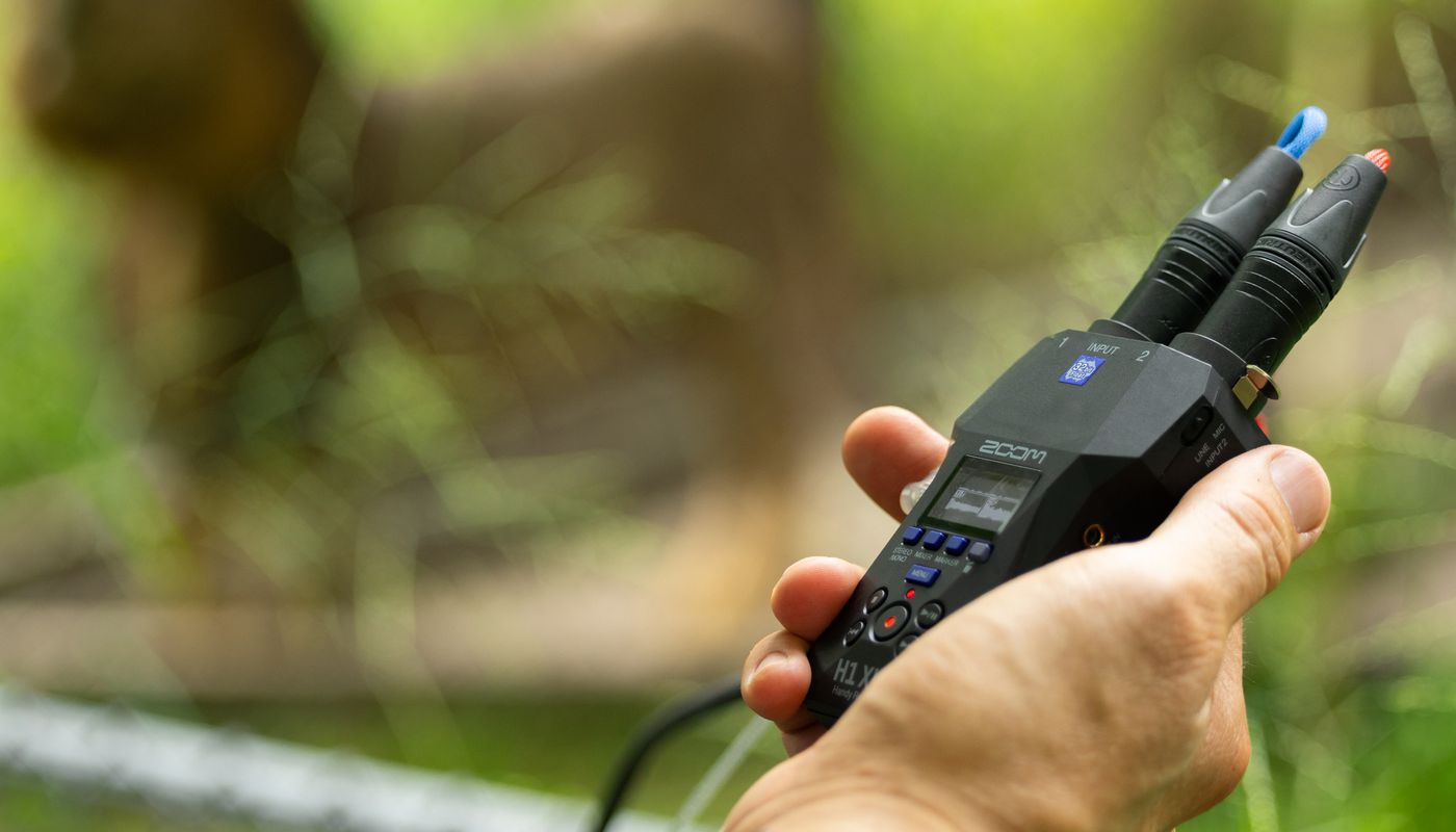 Zoom H1 XLR field recorder, close-up detail.