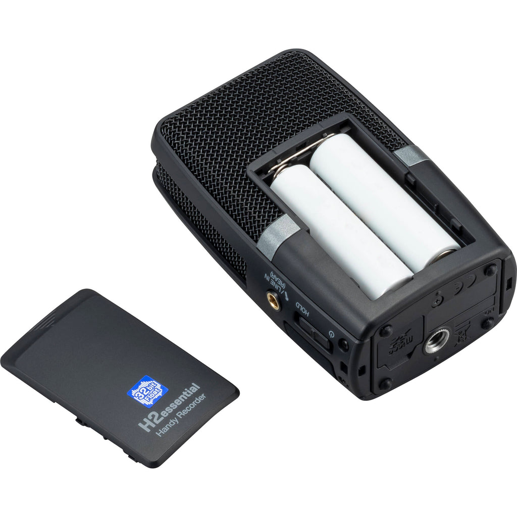 Zoom H2essential digital recorder, bottom compartment with batteries and microSD card