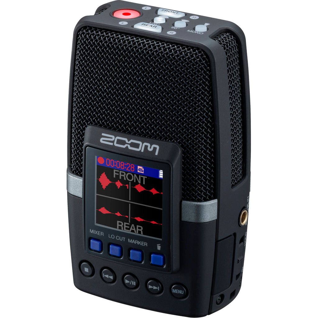 Zoom H2essential digital recorder, angled view with mic capsule and display