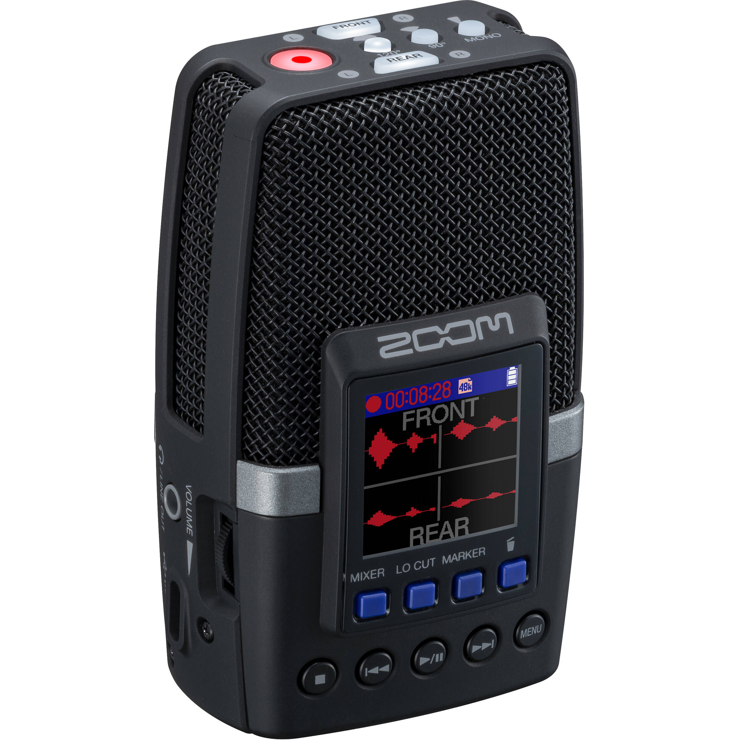 Zoom H2essential digital recorder, front view with display