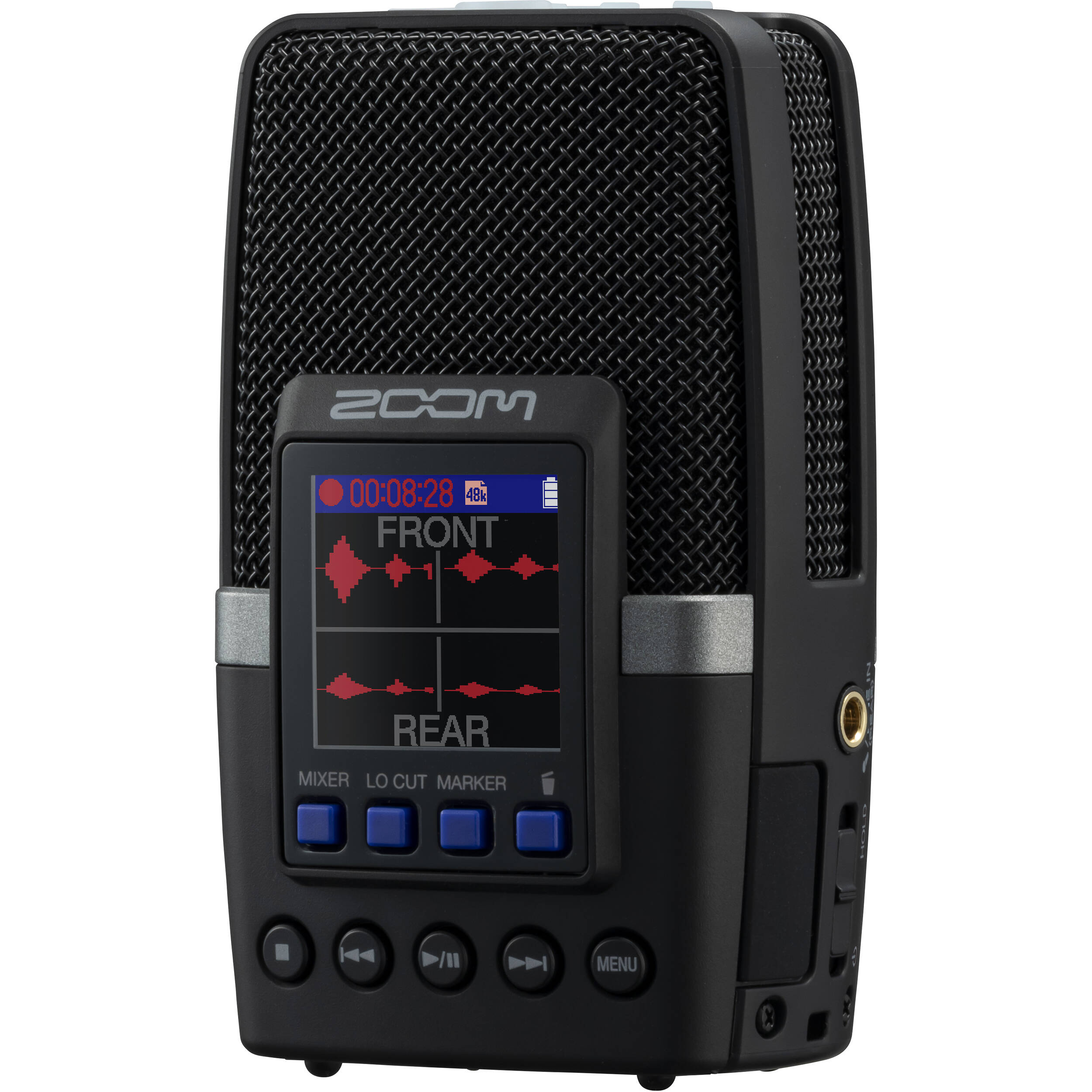 Zoom H2essential digital recorder, hero front view with display and mic array