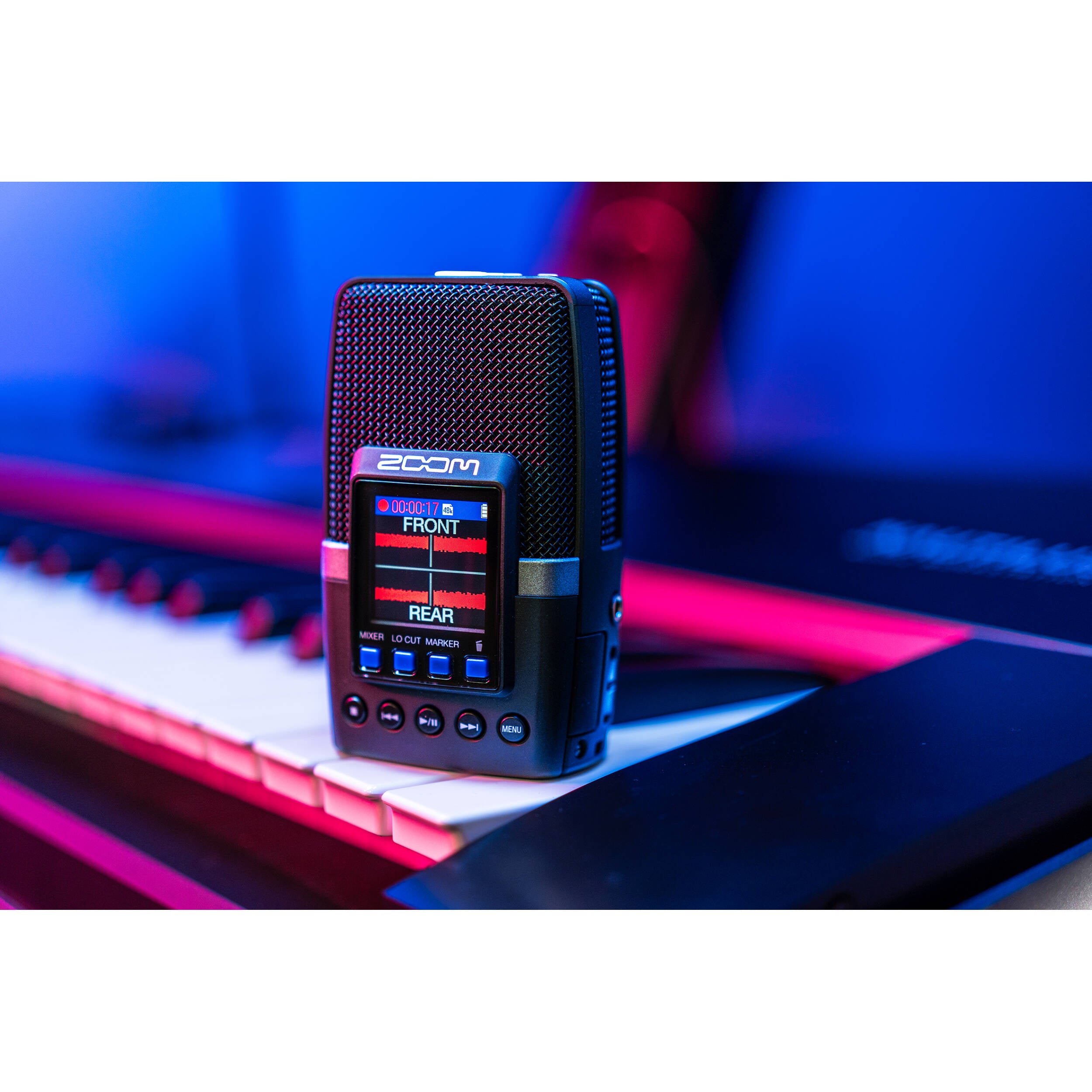 Zoom H2essential digital recorder, lifestyle on a keyboard