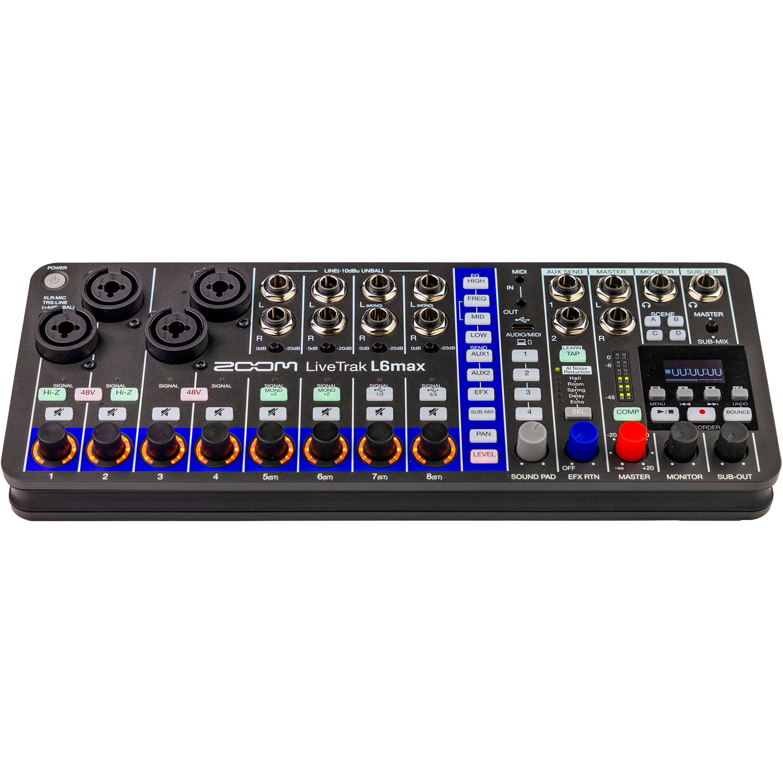 Zoom LiveTrak L6max digital mixer, detail view.