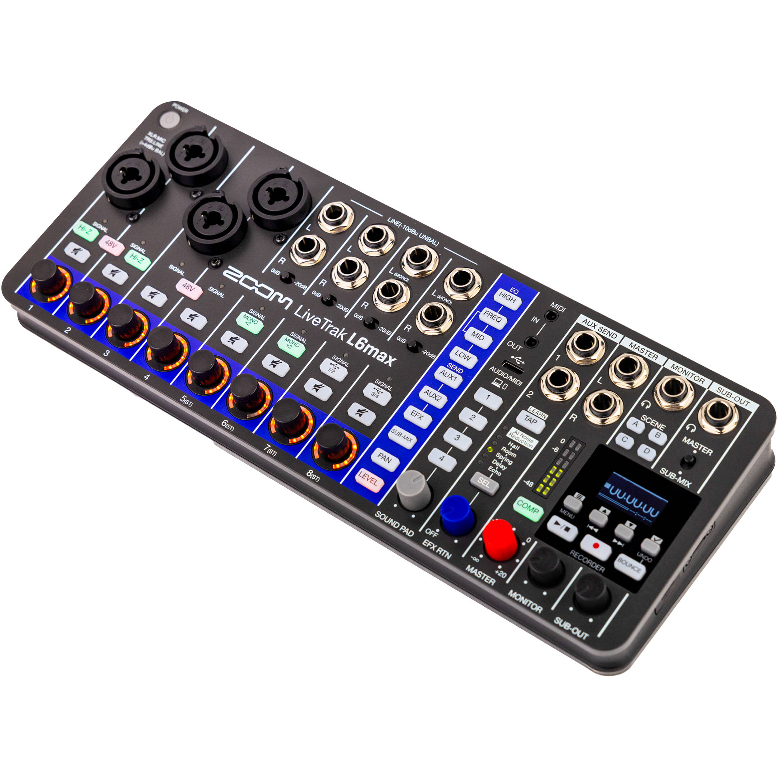 Zoom LiveTrak L6max digital mixer, detail view.