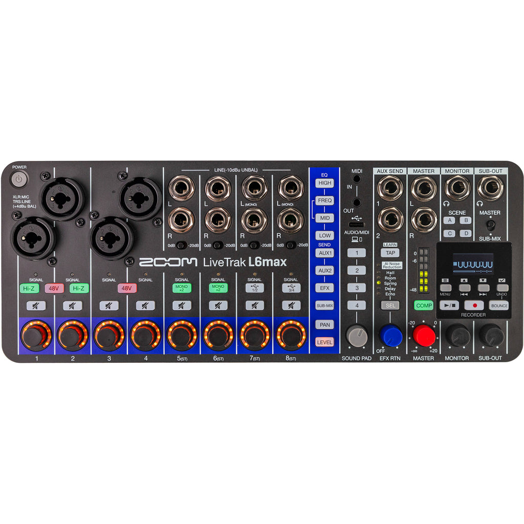 Zoom LiveTrak L6max digital mixer, detail view.