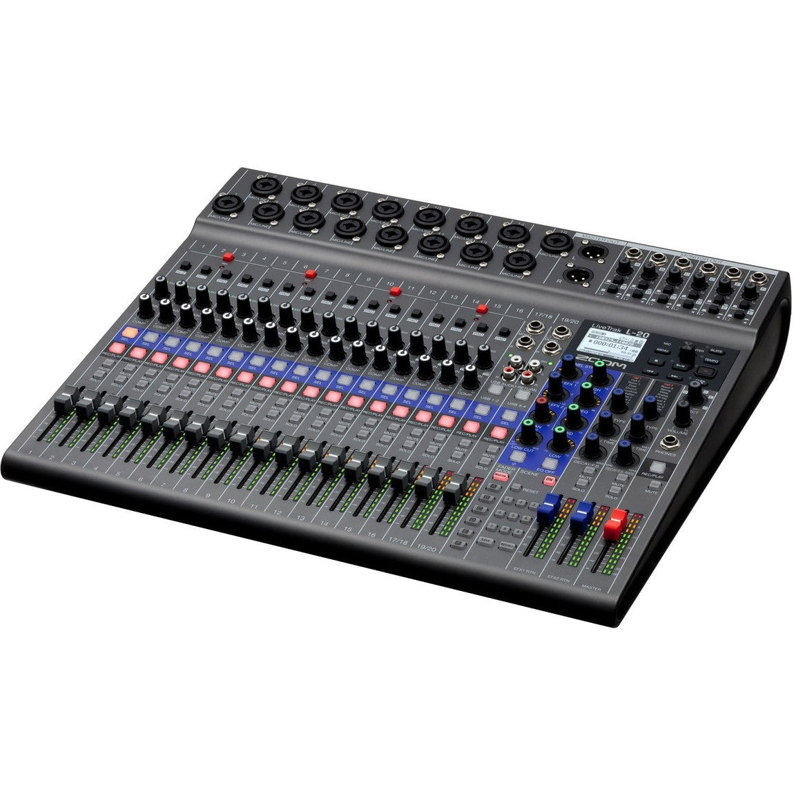 Zoom LiveTrak L-20 digital mixer with multiple faders and knobs, designed for live sound mixing and recording.