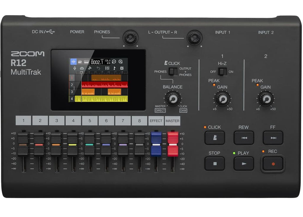 Zoom R12 digital recorder with multiple input options and display screen, designed for professional audio recording.