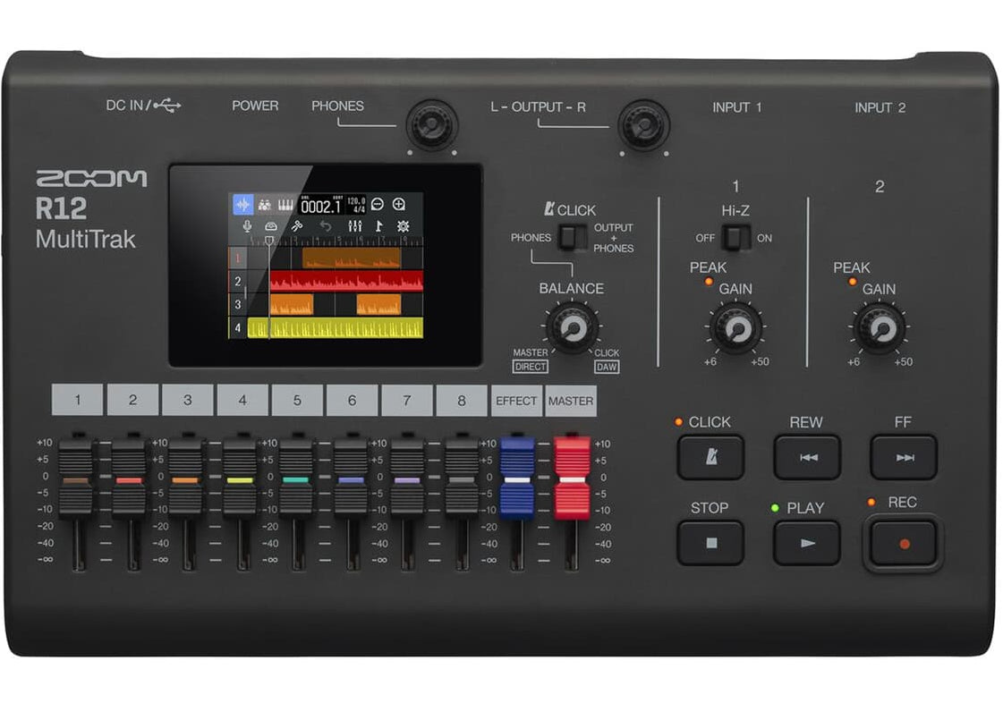 Zoom R12 digital recorder with multiple input options and display screen, designed for professional audio recording.