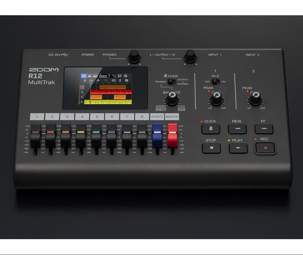 Zoom R12 digital recorder with multiple input options, colorful display, and portable design for professional audio recording.