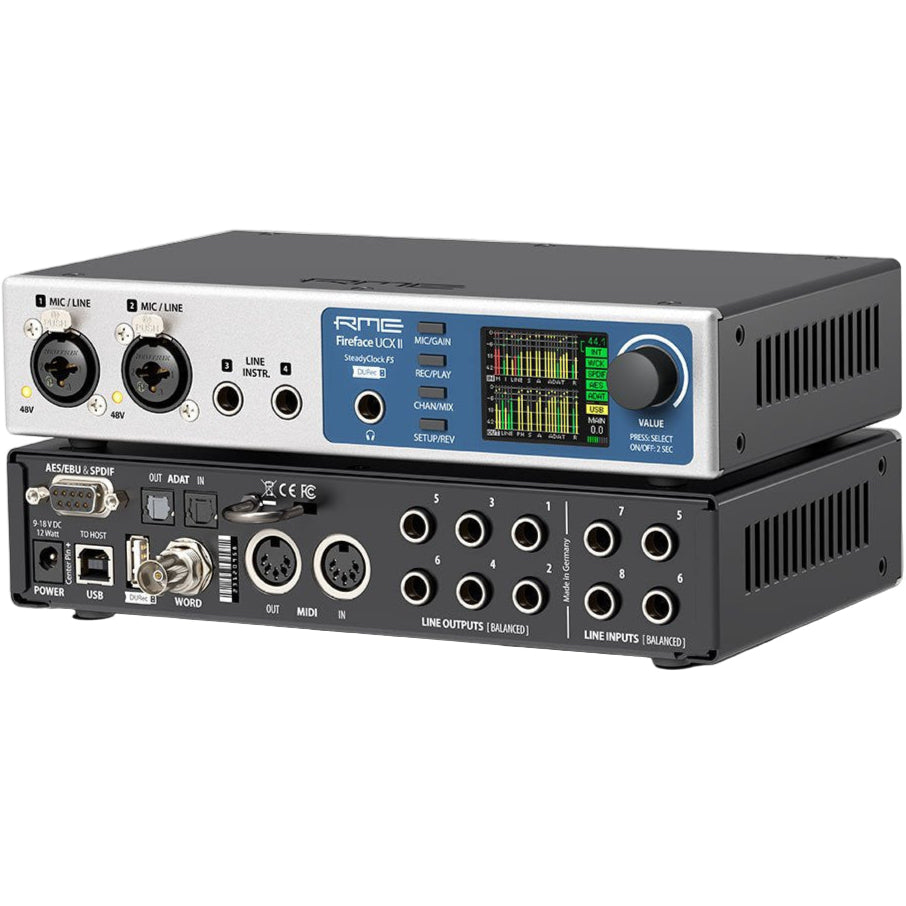 RME Fireface UCX II audio interface with multiple input and output ports, compact design, and professional audio connectivity.