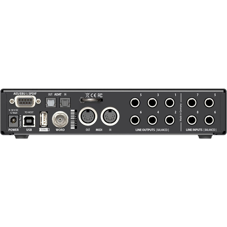 RME Fireface UCX II audio interface with multiple input and output ports, compact design, and professional-grade audio features.